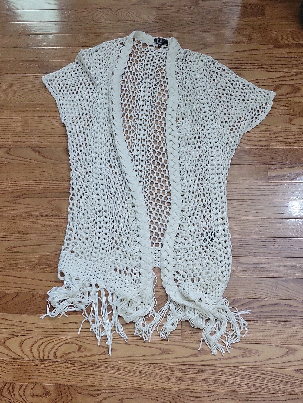 POL Cream Open-Knit Fringe Midi Length Cardigan